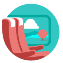 Illustration of red bus seats facing a window with a scenic view of clouds, hills, and a tree.