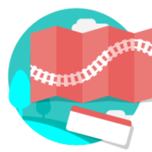 Illustration of a red map with a railroad track design, set against a teal background with trees and clouds, accompanied by a blank ticket.