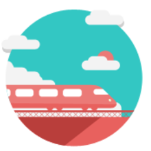 Illustration of a red train on a track under a blue sky with white clouds and a setting sun in a circular frame.