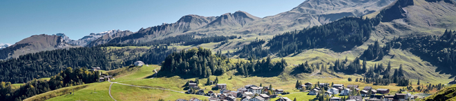Panoramic view of a mountainous landscape with green meadows, scattered trees, and a small village under a clear blue sky.